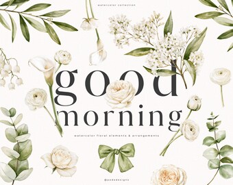 White Floral Watercolor Clipart Set with White Roses Greenery, Ranunculus, Calla Lilies, Wedding Floral Arrangements (Digital Download)