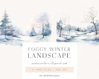 Foggy Winter Landscape, watercolor winter scenery, winter clip art, winter illustration, forest, wild, winter png graphics, download
