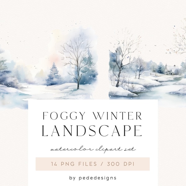 Foggy Winter Landscape, watercolor winter scenery, winter clip art, winter illustration, forest, wild, winter png graphics, download