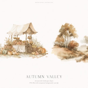 以下が含まれることがあります： AUTUMN VALLEYと題された水彩画のイラストセット。カボチャや農産物で溢れる素朴な市場の屋台と、黄金色の紅葉をした木々やなだらかな丘陵が描かれた風景画が白い背景に配置されています。