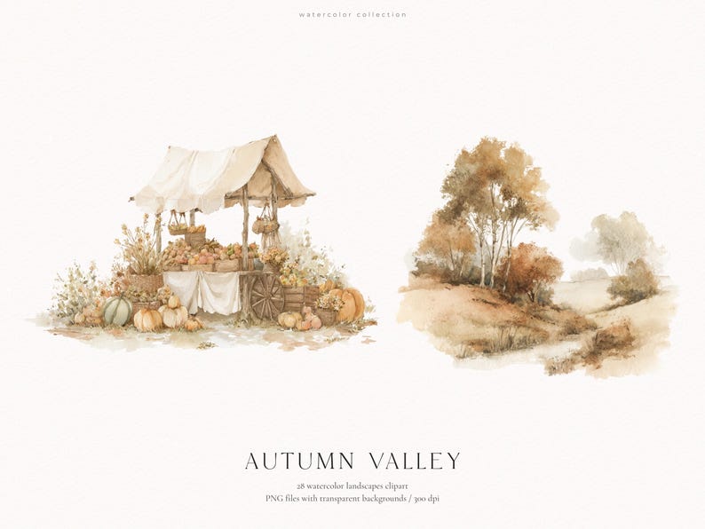 以下が含まれることがあります： AUTUMN VALLEYと題された水彩画のイラストセット。カボチャや農産物で溢れる素朴な市場の屋台と、黄金色の紅葉をした木々やなだらかな丘陵が描かれた風景画が白い背景に配置されています。