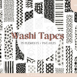 Washi Tapes Clip Art, digitale elementen, PNG-bestanden, GoodNotes-stickers, digitale planner, plakboek, zwart penseelpatroon, downloaden
