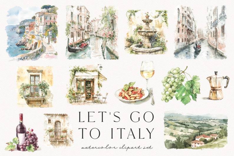 Let's go to Italy, watercolor summer clipart, travel, ancient roman, italian sceneries, italian street, scrapbooking, aesthetic, download image 2