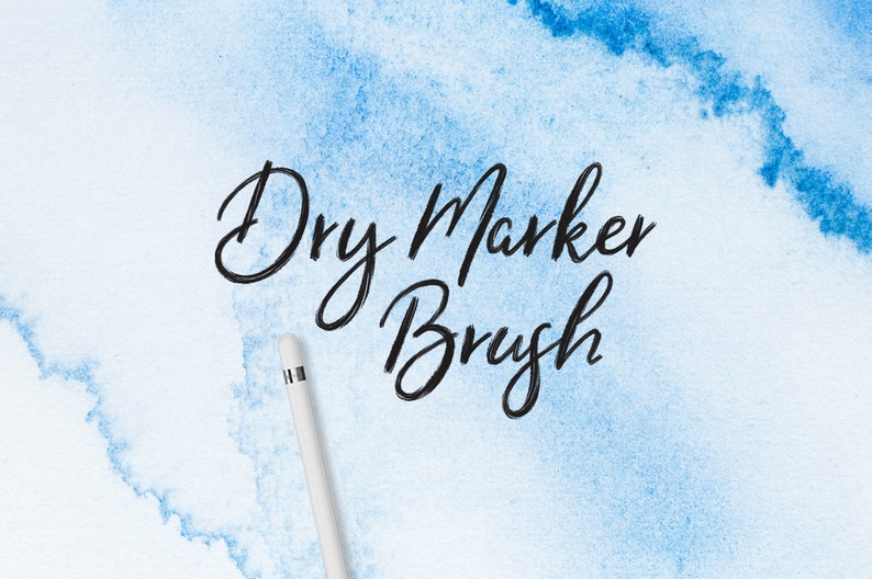 May include: Dry Marker Brush written in black cursive script on a light blue watercolor background. A white stylus is in the lower left corner of the image.