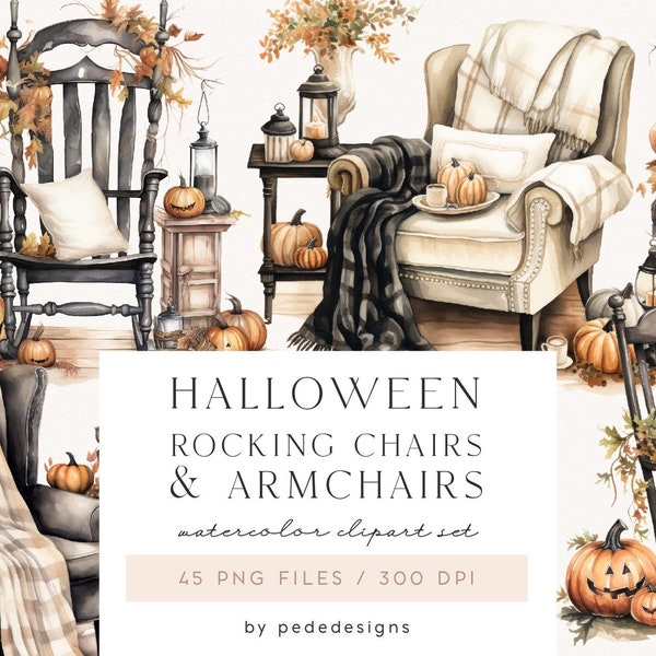 Halloween Rocking Chairs & Armchairs Clipart, watercolor halloween clipart, spooky clipart, trick or treat, books, coffee cup, download