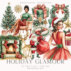 Conjunto de imágenes prediseñadas de glamour festivo, imágenes prediseñadas de acuarela, Navidad de lujo, árbol de Navidad, corona png, brillo dorado, reno, Papá Noel, descargar