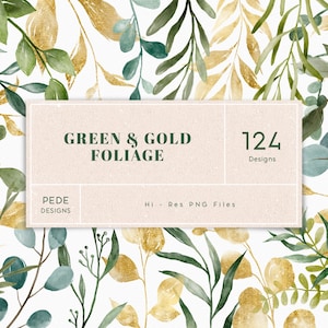 Groen & goud gebladerte, aquarel botanisch, individuele elementen, bladeren clipart, bladcollectie, gouden glitter, splatter, groen, download
