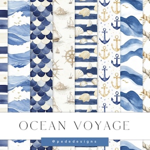 Papeles digitales Ocean Voyage, papeles digitales náuticos, patrón marino repetitivo, patrón de olas, patrón de verano sin costuras, marinero, descarga
