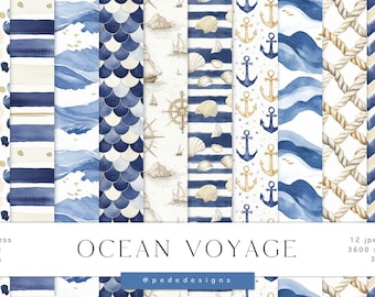 Ocean Voyage Digital Papers, nautical digital papers, marine repeating pattern, waves pattern, seamless summer pattern, sailor, download