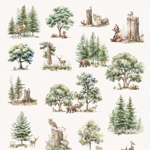 K&ouml;nnte beinhalten: Aquarell-Illustrationen einer Waldszene mit verschiedenen Tieren, darunter Hirsche, B&auml;ren, Waschb&auml;ren, Eichh&ouml;rnchen und ein Wolf. Die Illustrationen sind vor einem wei&szlig;en Hintergrund platziert und zeigen eine Vielzahl von B&auml;umen, darunter Kiefern und Eichen.