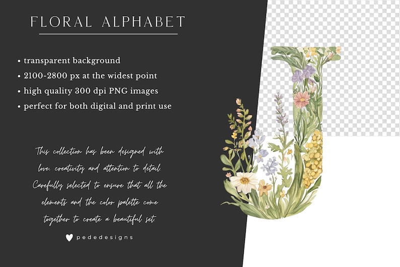 May include: Floral alphabet letter J made of watercolor flowers and greenery on a transparent background. The letter is approximately 2100-2800 pixels wide.