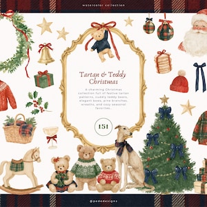 Könnte beinhalten: Eine Aquarell-Sammlung mit Weihnachtsmotiven wie einem Kranz, Teddybären, einem Nussknacker, einem Schaukelpferd, einem Windhund, einem Weihnachtsbaum, Geschenken und einem goldenen Rahmen mit dem Text Tartan & Teddy Christmas.