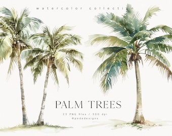 Watercolor Palm Trees Clipart – Tropical Beach PNG Set, Summer Illustrations, Exotic Paradise Tree Elements for DIY Design