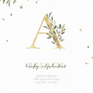 Clipart alphabet décoratif, lettres avec feuilles, alphabet aquarelle feuille d'or, feuilles aquarelles, chiffres, téléchargement