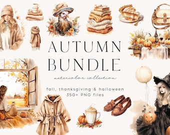 May include: A digital watercolor collection titled AUTUMN BUNDLE featuring illustrations of a person in a beanie, a turkey, stacked sweaters, pumpkin pie, a handbag, a table setting, a person by a window, a coat, loafers, and a witch.
