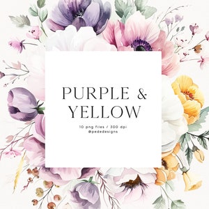 Roxo e amarelo, flores em aquarela, clipart floral brilhante, clipart de buquê pré-fabricado, arranjos florais, branco e roxo, download