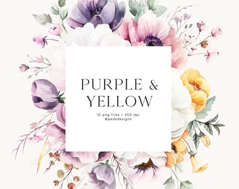 Purple & Yellow, watercolor flowers, bright floral clipart, premade bouquet clipart, floral arrangements, white and purple, download