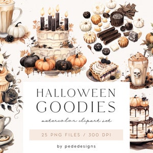 Halloween Goodies Clipart, watercolor halloween clipart, spooky clipart, halloween sweets, trick or treat, cupcake png, coffee cup, download