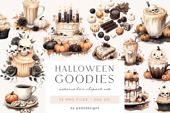 Halloween Goodies Clipart, watercolor halloween clipart, spooky clipart, halloween sweets, trick or treat, cupcake png, coffee cup, download