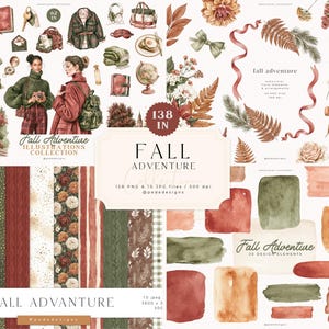 May include: A digital collection titled Fall Adventure featuring watercolor illustrations of people, travel gear, autumn foliage, floral arrangements, ribbons, and patterned papers in shades of green, brown, and orange, including various paint swatches.