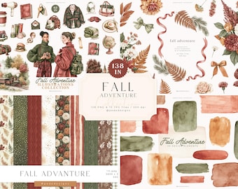 Fall Adventure Clipart & Digital Papers Bundle with Watercolor Autumn Cozy Travel PNG and Cottagecore Seamless Patterns (Digital Download)