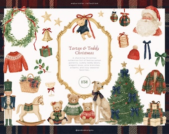 Tartan Teddy Christmas Clipart Bundle with Watercolor Teddy Bears, Plaid Holiday Backgrounds, Christmas Frames & Festive PNG Elements