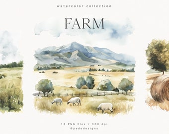 Farm Landscape, watercolor countryside view, summer scenery, landscape illustration, watercolor clipart, invitation, stickers, download