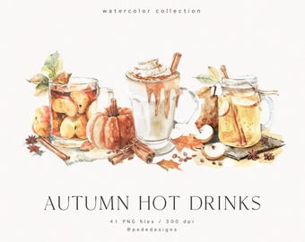 May include: A watercolour collection of autumn hot drinks featuring three glass mugs filled with beverages, a pumpkin, apple slices, cinnamon sticks, and star anise. The text reads watercolour collection, AUTUMN HOT DRINKS, 41 PNG files / 300 dpi, @pededesigns.