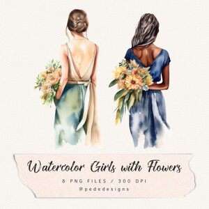 Clipart de menina aquarela com flores, clipart de moda em aquarela, lindos gráficos de dama de honra, clipart de primavera, cabelo natural png, baixar