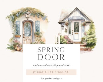 May include: Watercolor clipart set of two spring door illustrations. The first door is a light brown wooden door with a blue door frame and a white wall. The second door is a white door with a blue door frame and a white wall. Both doors have a wreath on the door and are surrounded by greenery and flowers.