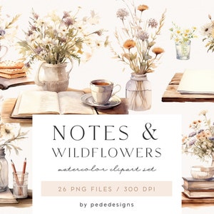 Notes & Wild Flowers, watercolor notebook clipart, floral clipart, reading clipart, book lover, paper sheet, wildflowers vase, download