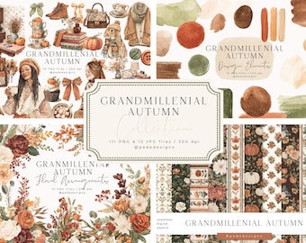 Puede incluir: Una colección digital de gráficos con temática otoñal que incluye ilustraciones en acuarela de calabazas, arreglos florales, ropa, libros y patrones con el texto Grandmillenial Autumn Collection.