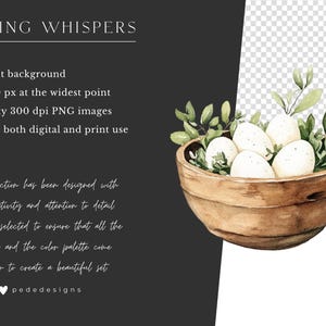 May include: A watercolour illustration of a wooden bowl filled with white eggs and green leaves. The bowl is on a transparent background.