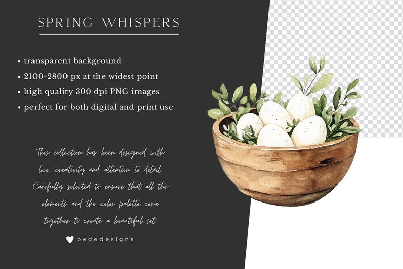 May include: A watercolour illustration of a wooden bowl filled with white eggs and green leaves. The bowl is on a transparent background.