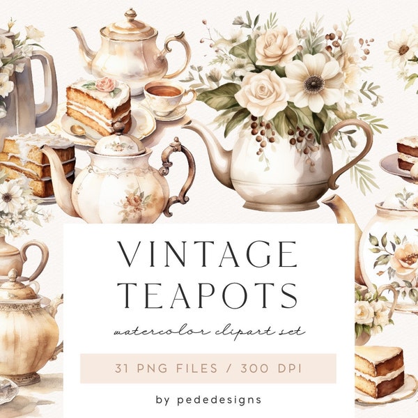 Vintage Teapots, teapots clipart, vintage watercolor, blooming kettle, scrapbook, junk journal, logo elements, watercolor kettle, download