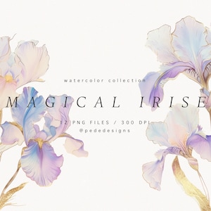 Magische Iris, Aquarell Blumen Clipart, vorgefertigte Bouquet Clipart, Blattgold, Florale Kunst, vorgefertigte Elemente, Iris Blume, Download