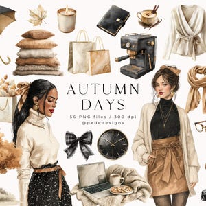 May include: Watercolor illustration with an autumn theme. The image features a woman, a black umbrella, boots, a coffee machine, a pumpkin, a scarf, and the text "AUTUMN DAYS".