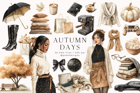 Watercolor Autumn Girl Clipart: Fashion PNG Graphics (Digital Download)