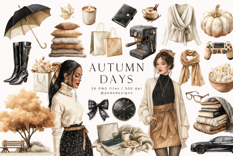 May include: Watercolor illustration with an autumn theme. The image features a woman, a black umbrella, boots, a coffee machine, a pumpkin, a scarf, and the text "AUTUMN DAYS".