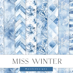 Miss Winter Digital Papers, pacote de papel digital de inverno, aquarela, padrões de fantasia, flocos de neve, damasco aquarela, sem costura nevado, download