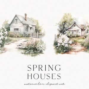 Op de afbeelding: Watercolor clipart set met twee illustraties van charmante huisjes. Elk huisje is omgeven door weelderig groen, witte bloemen en een stenen pad. De tekst "SPRING HOUSES" en "watercolor clipart set" is ook inbegrepen.