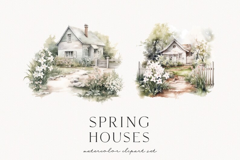 Op de afbeelding: Watercolor clipart set met twee illustraties van charmante huisjes. Elk huisje is omgeven door weelderig groen, witte bloemen en een stenen pad. De tekst "SPRING HOUSES" en "watercolor clipart set" is ook inbegrepen.