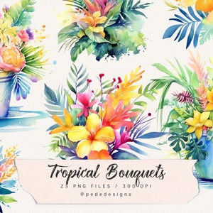 Tropical Bouquets, watercolor clip art, exotic clipart, tropical plants, vibrant colors, wedding, floral, summer png, download