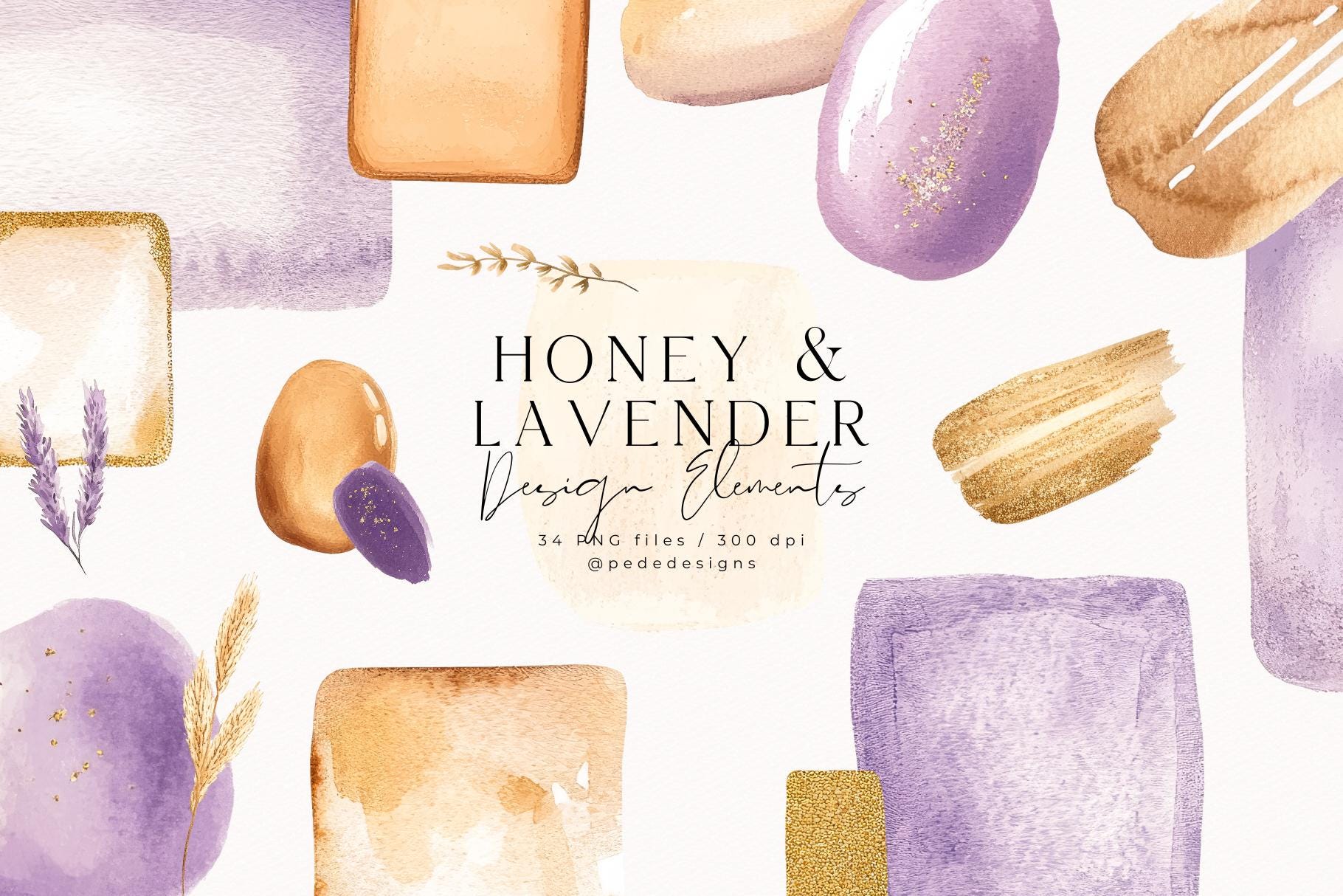 Design Elements from Honey & Lavender Collection, watercolor clipart, brush strokes, hand painted elements, shapes, logo, stickers, download