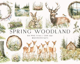 May include: A collection of watercolor illustrations featuring a deer, rabbits, fawns, a cabin, trees, and floral elements. The text reads SPRING WOODLAND, 68 PNG files / 300 dpi, and @pededesigns. These graphics depict various forest scenes.