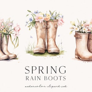 May include: Three pairs of beige rain boots with white polka dots, each filled with a bouquet of spring flowers. The flowers include pink, white, and yellow daffodils, tulips, and other blooms. The boots are sitting on a green grassy surface. The text "SPRING RAIN BOOTS watercolor clipart set" is below the boots.
