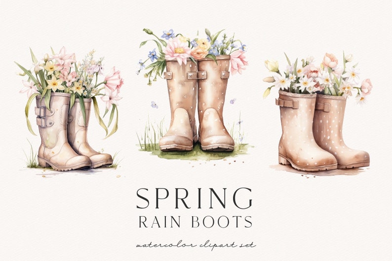 May include: Three pairs of beige rain boots with white polka dots, each filled with a bouquet of spring flowers. The flowers include pink, white, and yellow daffodils, tulips, and other blooms. The boots are sitting on a green grassy surface. The text "SPRING RAIN BOOTS watercolor clipart set" is below the boots.
