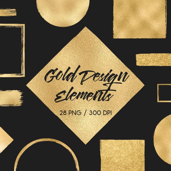 Gold design elements, gold brush strokes, foil, glitter, frames, circles, squares, gold banners, logo, blog, download