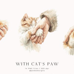 Puede incluir: Ilustración en acuarela de una pata de gato sostenida en una mano. El gato tiene pelaje naranja y blanco. La imagen incluye el texto "WITH CAT'S PAW". La obra de arte está en una paleta de colores suaves y pastel.