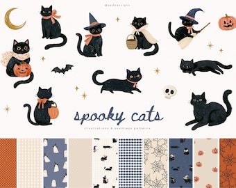 Spooky Cats Halloween Clipart Set with Black Cat Witch PNGs, Cute Halloween Illustrations & Seamless Patterns (Digital Download)